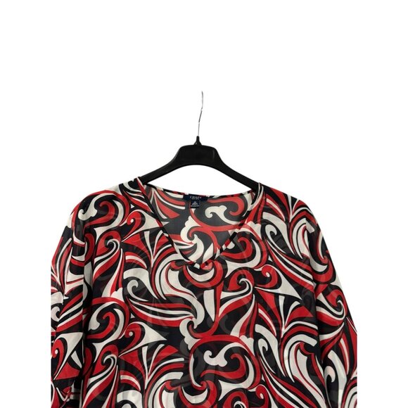 Y2K Chaps Womens Sheer Top Size 1X Abstract Tunic Blouse Red Black White - Picture 5 of 7